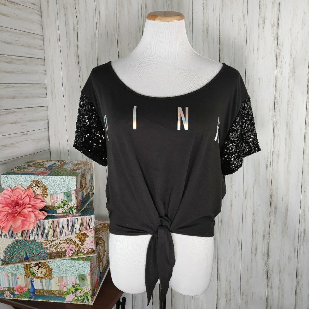VS PINK cropped tie waist sequin top d44